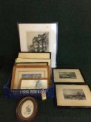 A framed black and white engraving signed in pencil - The old houses, Ipswich,