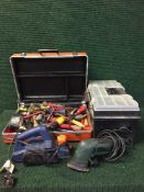 Two tool boxes of hand tools, box of power tools, jump starter,