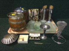 A tray of Art deco trinket set, brass candlesticks, tea caddy, camera etc.