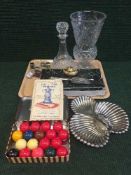 A tray of lead crystal vases, decanter with stopper, boxed snooker balls, plated dish,