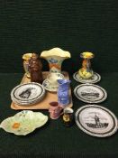 A tray of hand painted czech vases, Masons Strathmore trio, character jugs,