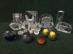 A tray of Thomas Webb crystal photograph frame, assorted glass paperweights depicting animals etc.