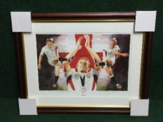 A mahogany framed print - Lion Heart, depicting Johnny Wilkinson, limited edition,