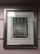 A set of three colour prints depicting Persian palace interiors in comtemporary frames.