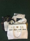 Two boxes of lady's leather handbags by Guess, Modalu of London, leather boots,