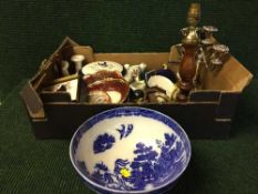 Two boxes of Maling willow patterned bowl, assorted plates, fair winds American meat plate,