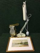 A brass table lamp with glass shade, a brass banker's lamp, angle poise lamp,