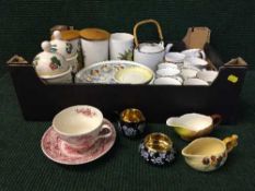 Two boxes of china tea set, Art deco style tea set, Crown Devon storage jars,