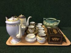 A tray of Victorian inlaid cigarette box, decorative nut crackers,