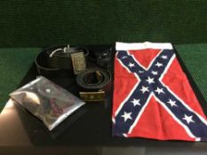 Assorted American belts and a flag