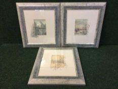 A box of framed pictures and prints including Durham Cathedral, local scenes by I Lindsay etc.
