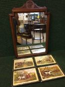 An Edwardian mahogany dressing table mirror together with a set of four framed hunting prints