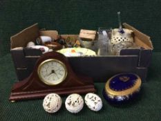 A box of Tiffany style lamp, mantel clock, glass ware,