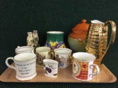 A tray of Crown Devon gilt lustre vase, commemorative mugs, pair of Ducal reeded vases etc.