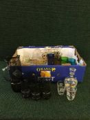 Two boxes of assorted mid 20th century glass and china - part Fiesta tea service, Beefeater plates,