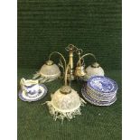 A tray of blue and white pattern tea china,