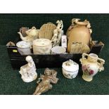Two boxes of early 20th century china including toilet jug and basin set, teapot on stand, vases,
