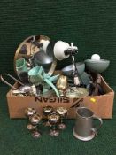 Two brass jam pans and a box of vintage mincer, plated ware, blow torches,