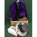 Two boxes of vintage lady's clothes, two lady's velvet jackets, hat box, shoes, gloves, compact etc.