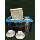 Two boxes of Noritake tea china, glass ware, glass table lamp, lustre jug,