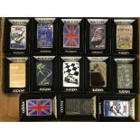 A tray of thirteen Zippo lighters