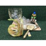 A tray of two glass clowns, glass trinket tray and powder bowls,