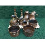 A tray of copper ware - candlesticks,