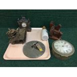 A tray of metal Ankar clock, clock movement, brass wall clock, sun dial,