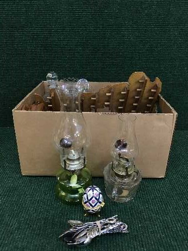 A box of thimble rack and thimbles, crested spoons, decanter,