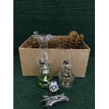 A box of thimble rack and thimbles, crested spoons, decanter,