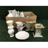 Two boxes of carriage clocks, Aynsley Wild Tudor china, glass eagle figure,