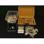 A jewellery box and a collection of costume jewellery, gilt metal chains, silver dress ring,