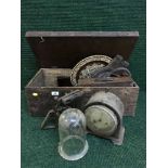 A pine box of bellows, glass dome, blow torch,