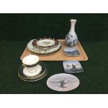 A tray of Royal Doulton Carlyle china trio, shallow dish, pair of Royal Crown Derby plates,