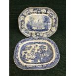 Two early 20th century blue and white meat plates