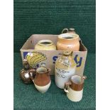 A box of stoneware jars and flaggons, Spode Shivers Salute Scotch whiskey decanter,