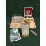 A tray of glass bowl, marbles, gilt hanging light, trinket box, costume jewellery,