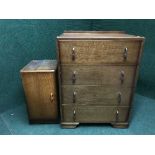 An oak four drawer chest and a bedside cabinet