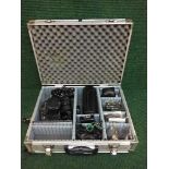 An aluminium case and box containing cameras, Pentax MV1 camera, filters,