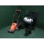 A folding wheel chair, Flymo electric mower,