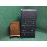 A painted seven drawer chest together with a mahogany bedside cabinet