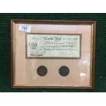 A framed Newark Bank promissory £1 note dated 1808 and two Newark tokens