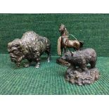 Two bronze figures - bear and horse and a metal figure of a buffalo