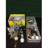 A basket of assorted lady's and gent's watches and a box of costume jewellery