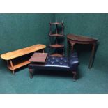 A mid 20th century teak telephone table, coffee table, corner what not,