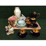 A tray of Jersey pottery tea china, Evesham oven dish, Wedgwood vase,