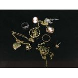 A box of 9ct gold chain, gilt locket, gold plated cameo,