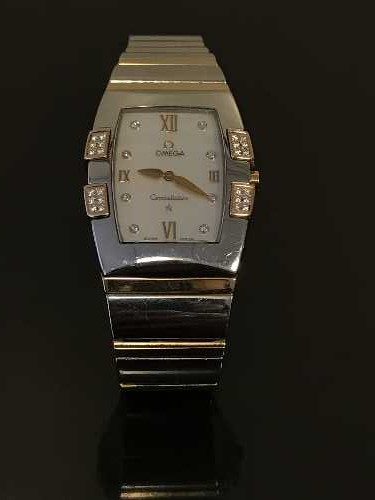 A Lady's Steel and Gold Omega Constellation Quadrella Diamond Set Wristwatch, quartz movement,