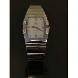 A Lady's Steel and Gold Omega Constellation Quadrella Diamond Set Wristwatch, quartz movement,