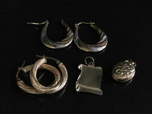 Two pairs of 9ct gold earrings, a locket and a pendant, 3.